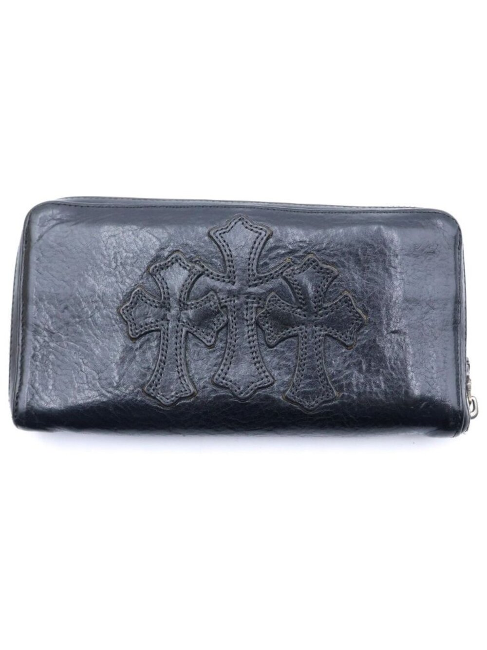 Chrome Hearts Rec Zip 3 Cross Round Zip Leather Wallet Black